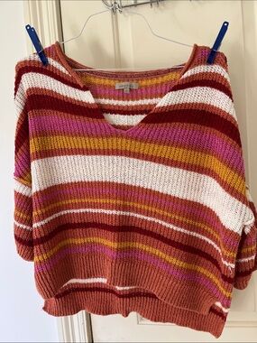 Wonderly Striped V-Neck Sweater in Rust, White, Pink & Mustard